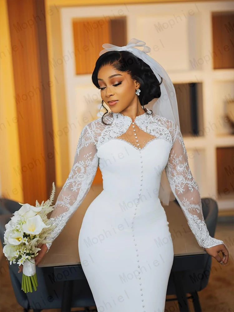 Elegant Africa Wedding Dresses for Bride Long Sleeves Midi Length Courthouse Civil Bridal Gowns Laca Sheath Dress Customized