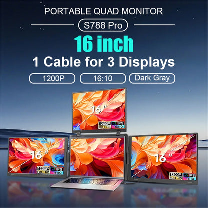 Triple Screen Portable LCD Backlit Monitor FHD Display Secondary Screen Connected to Notebook with 1 Cable Sub Screen Extender