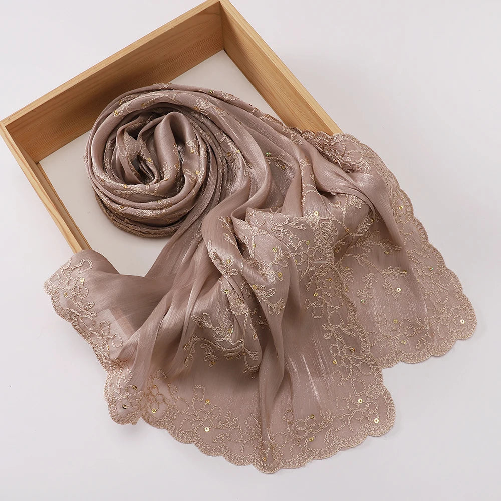 Luxury Sequin Floral Hijab Shimmer Shawl Glitter Shiny Headscarf Elegant Muslim Head Scarf for Wedding Soft Flowy Lace Edge