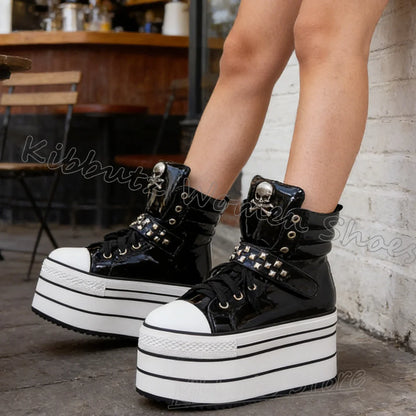 Leather Sports Ankle Boots Platform Rivet Lace-Up Women Shoes Mixed Color Thick Bottom Round Toe Luxury Novelty Concise Sexy New