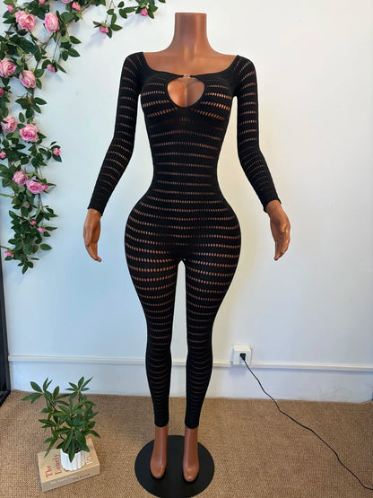 Sexy Knit See Through Bodycon Jumpsuits for Women 2026 New Summer Solid Color Hollow Out Rompers Night Party Club Playsuits
