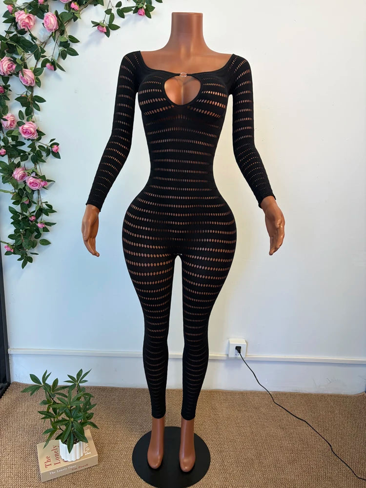 Sexy Knit See Through Bodycon Jumpsuits for Women 2026 New Summer Solid Color Hollow Out Rompers Night Party Club Playsuits