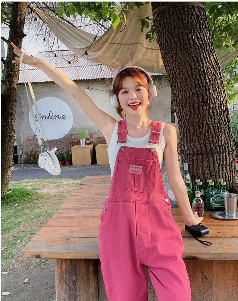 Vintage Pink Denim Overalls Adjustable Strap Wide Leg Jumpsuit Y2K Cute Campus Casual Pants