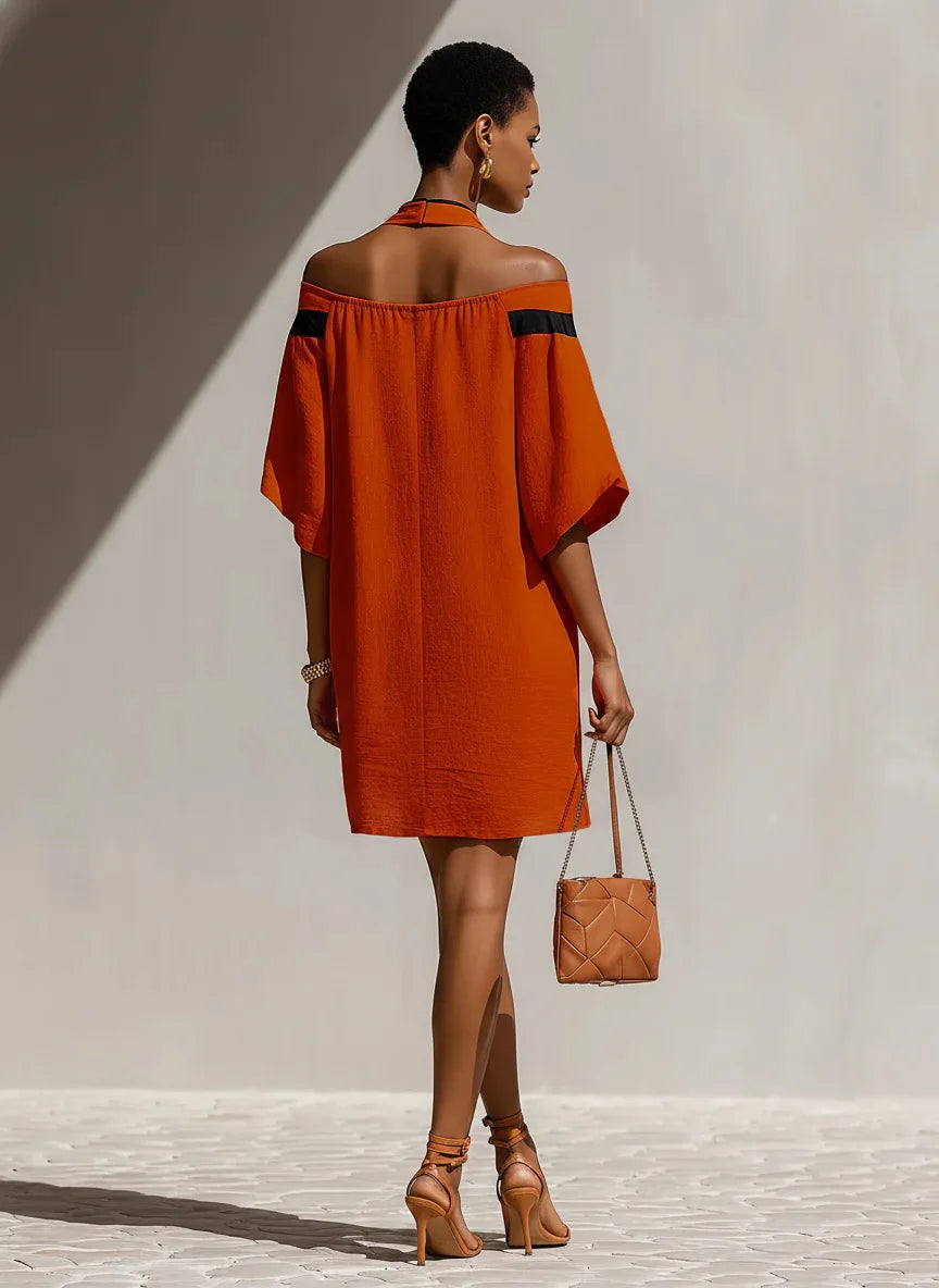 Elegant Temperament Women's Color Blocked Off Shoulder One Shoulder Summer Bow Collar Decorated With Bat Sleeves Mini Dress New