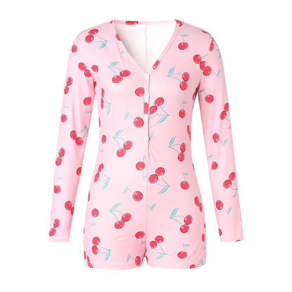 Combhasaki Women's Sexy High Waist Functional Buttoned Flap OnesEies Casual Pattern Print Romper Long Sleeve Playsuit Homewear
