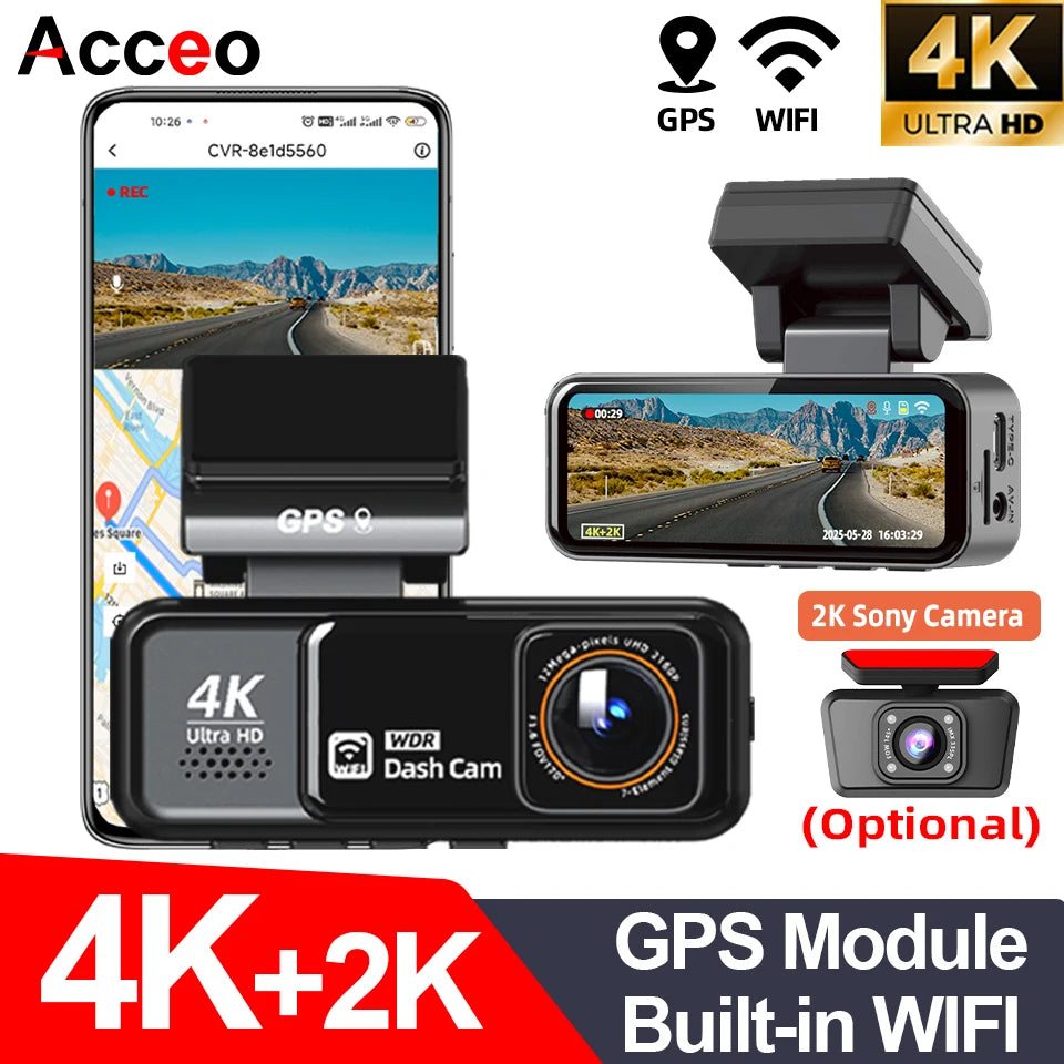 Acceo 4K Dashcam WIFI GPS CAR Video Recorder Dual Lens Support 2.5K Rear Camera Night Vision 24H Parking Monitoring Black Box