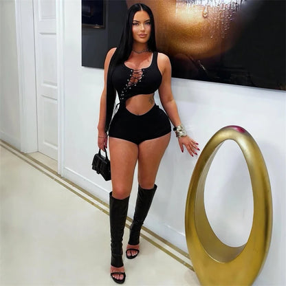 Sexy Lace-Up Cut Out Bandage Playsuit Woman Jumpsuit Shorts Sleeveless Ribbed Skinny Party Rompers Womens Overalls Club Outfits