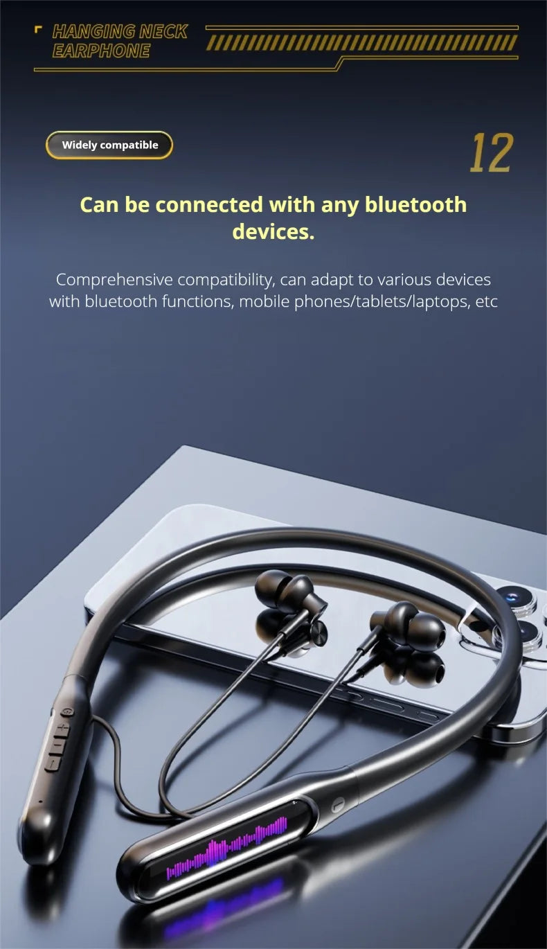 EARDECO Dual Screen Neckband Earphones Bass 5.4 Bluetooth Headphone Sport Wireless Headphones Outdoor Waterproof Dustproof