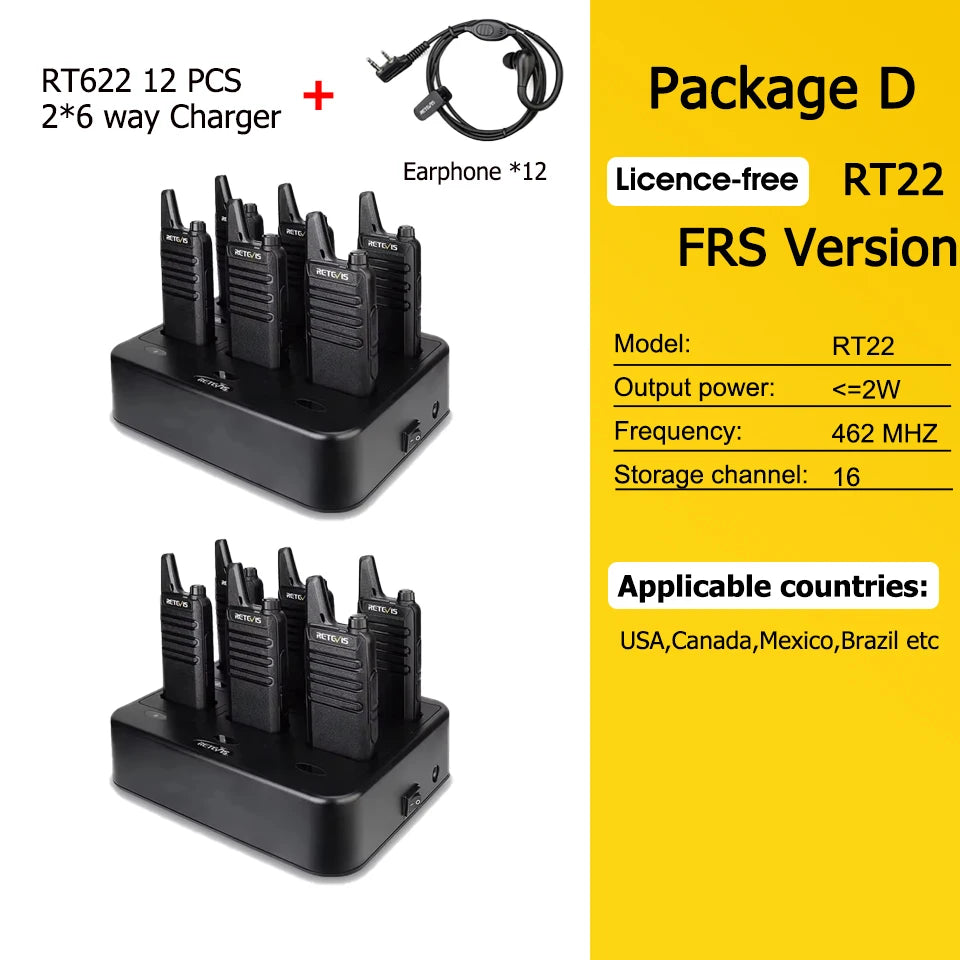 Retevis RT622 Mini Walkie Talkie 12Pcs PMR446 FRS License-free Rechargeable Two-way Radio Walkie-talkies for Hotel Restaurant