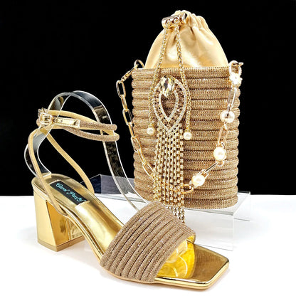 Stylish And Special Olive Bright Bag Match Women's Sandals Set With Big Diamond Tassels And Long And Short Double Chains