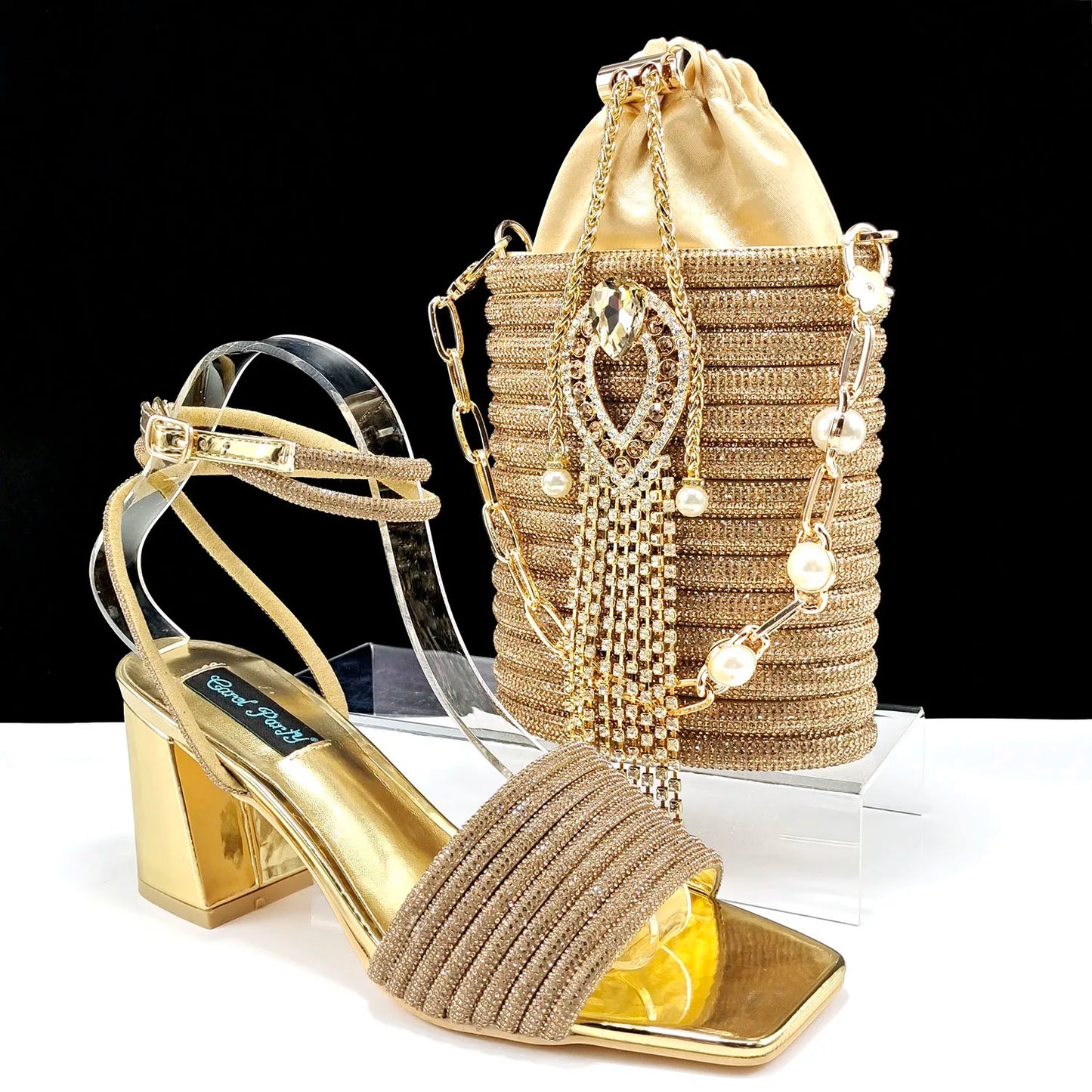 Stylish And Special Olive Bright Bag Match Women's Sandals Set With Big Diamond Tassels And Long And Short Double Chains