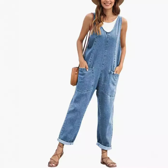 Denim Jumpsuit Women One Piece Sleeveless Rompers Pocket V Neck Spliced Casual Overalls Loose Jeans Jumpsuit Y2k Streetwear