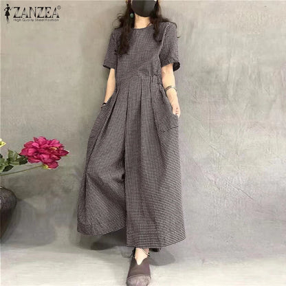 ZANZEA Short Sleeve Checked Wide Leg Overalls Pleated Waist O Neck Loose Casual Gingham Jumpsuits 2024 Fashion Women Long Romper