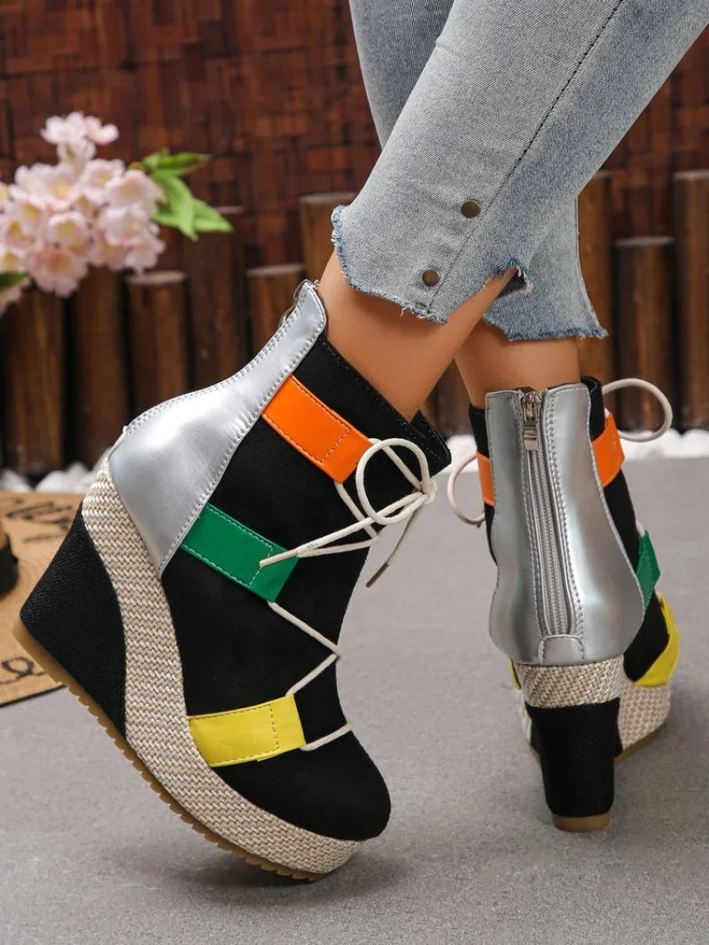 Women's Ankle Boots Wedge Heel Round Toe Platform Shoes Suede-Look Lace-Up Back Zipper Woven Trim Casual Street Style Footwear