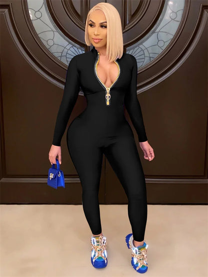 WESAYNB Wholesale Streetwear Clothes Zipper Long Sleeve Jumpsuit Women 2022 Black Blue Pink One-pieces Outfits Bodycon Jumpsuits