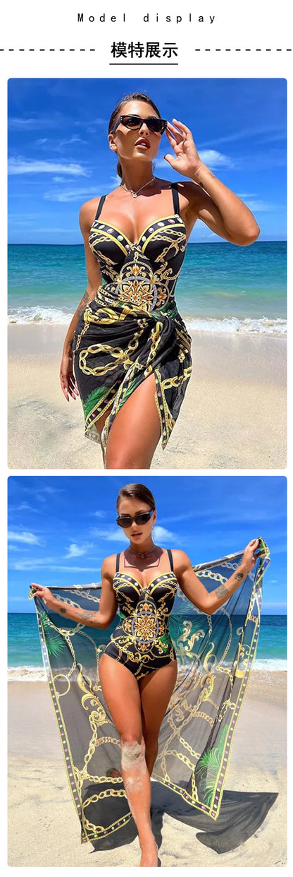Underwire Women Sexy Swimsuit 2 Piece Swimwear Slim Monokini Chains Print Push Up Bikini Black Blue Green Beachwear Light Luxury