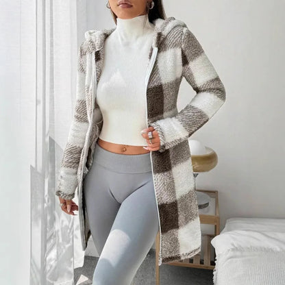Womens Coats Winter Manteau Winter Warm Plush Pocket Coat Womens Plaid Print Hooded Long Zip Cardigan Sobretudo Feminino Inverno