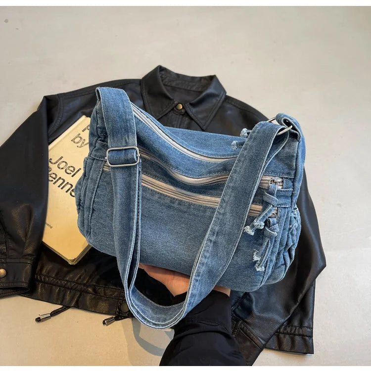Vintage Denim Women's Shoulder Bag Large Capacity Messenger Bag Multi-pockets Satchel Bags Adjustable Strap Ladies Crossbody Bag
