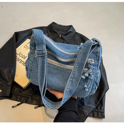 Vintage Denim Women's Shoulder Bag Large Capacity Messenger Bag Multi-pockets Satchel Bags Adjustable Strap Ladies Crossbody Bag