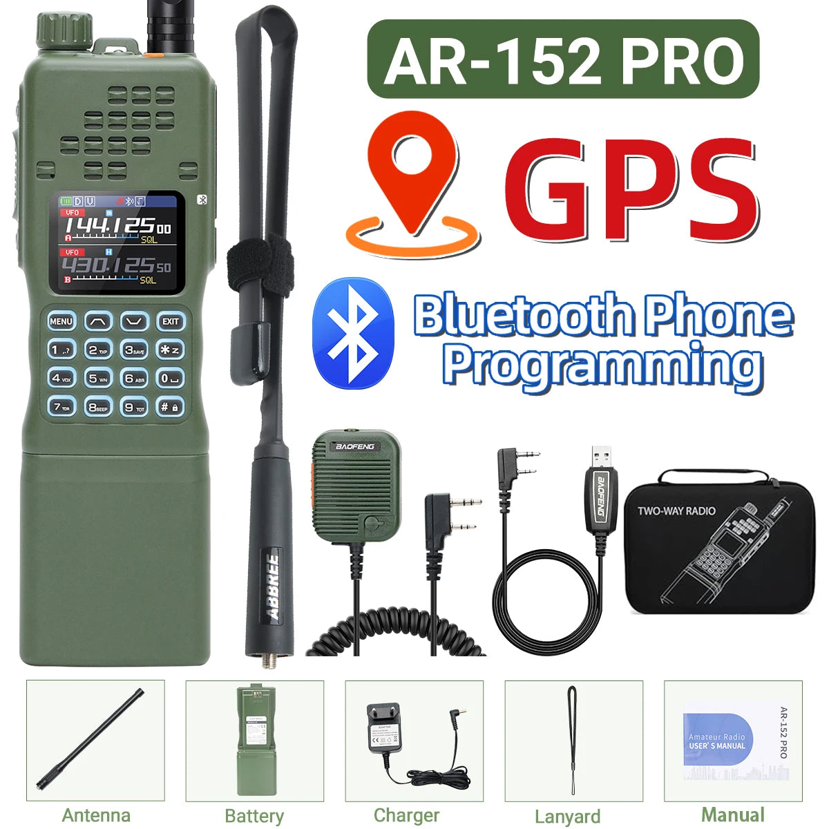 BAOFENG AR-152 PRO GPS Walkie Talkie  Long Range Bluetooth Programming 10W Multi Band 12000mAh Tactial 1000CH Two Way Ham Radio