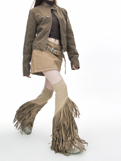 Suede Fabric Tassel Knitted Elastic Punk Vintage Flared Leg Warmers Woman Fashion Elegant Gothic Leg Sleeve