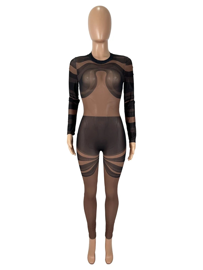 Stylish Lady Black Mesh Striped Printed Jumpsuits 2025 Autumn Women Long Sleeve O Neck See Through Sexy Club Party Overalls