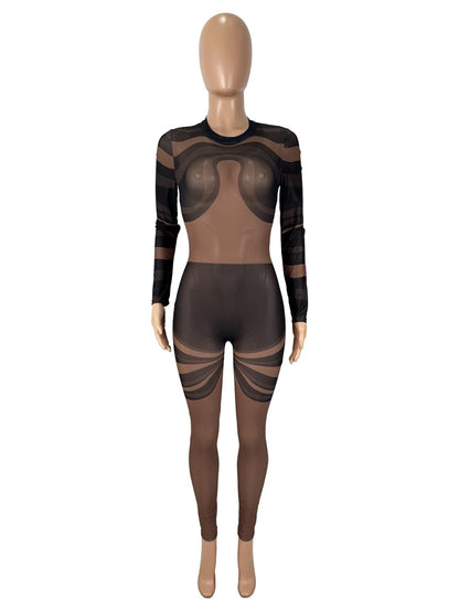 Stylish Lady Black Mesh Striped Printed Jumpsuits 2025 Autumn Women Long Sleeve O Neck See Through Sexy Club Party Overalls
