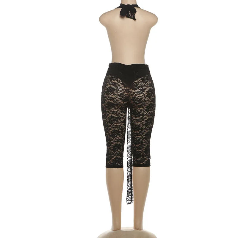 See Through Lace Ribbons Knee Length Jumpsuits Plunge V Neck Sleeveless Halter Backless Night Club Party Women Sexy Rompers