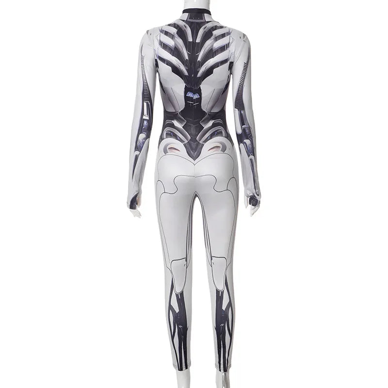 3D Printed Cosplay Bodycon Jumpsuits Y2k Techwear Long Sleeve Gothic Punk Playsuits Anime Women Mock Neck Zip Bodysuit