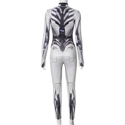 3D Printed Cosplay Bodycon Jumpsuits Y2k Techwear Long Sleeve Gothic Punk Playsuits Anime Women Mock Neck Zip Bodysuit