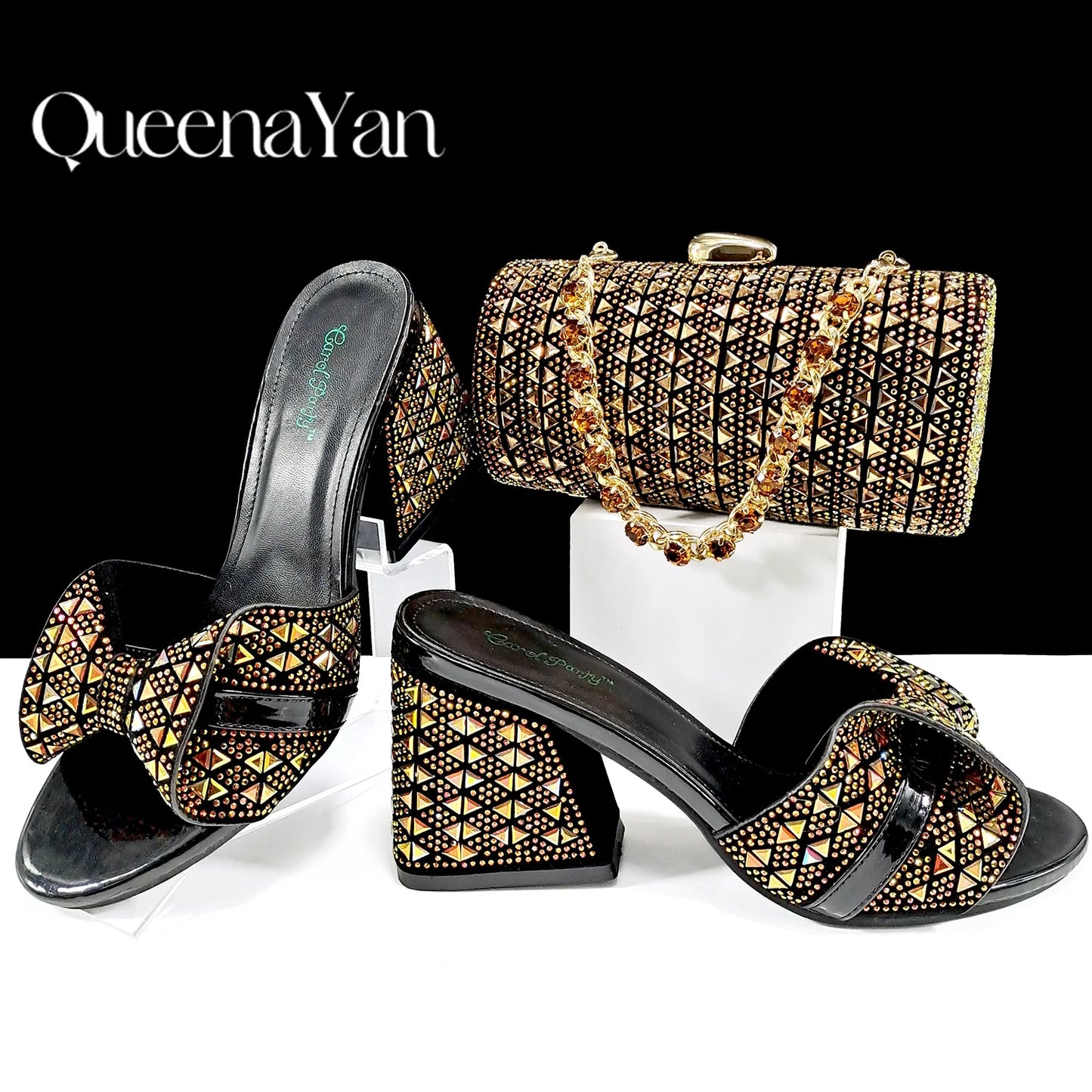 QSGFC Italian Fashion Banquet Shoes and Bags African Women's Hand Bags with Rhinestone Decoration and Women's High Heels