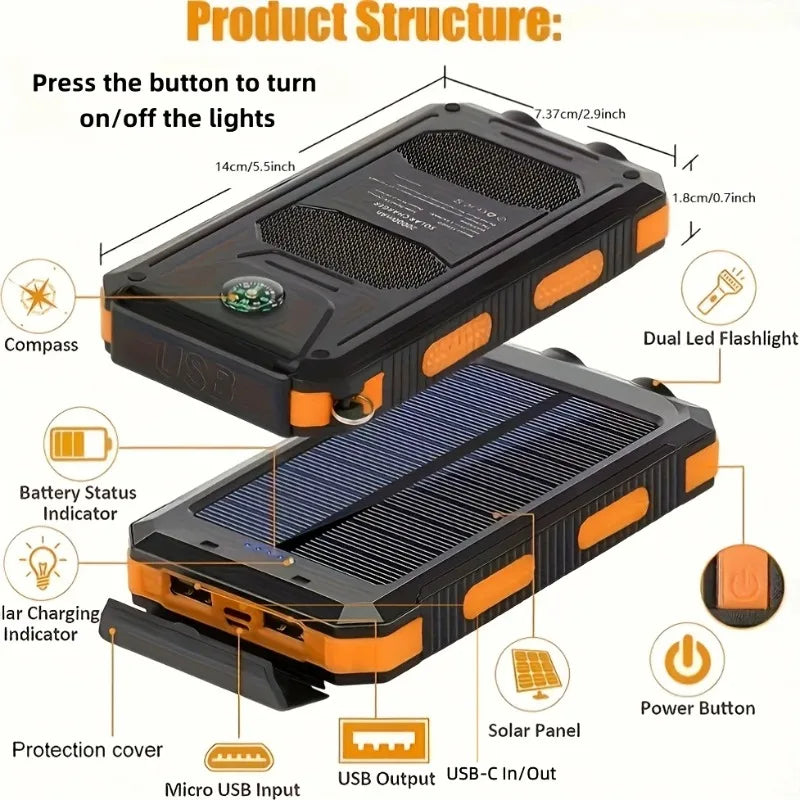 New 30000mAh Solar Power Bank  Portable Charging Poverbank External Battery Charger Strong Light LDE Light for All Smartphones