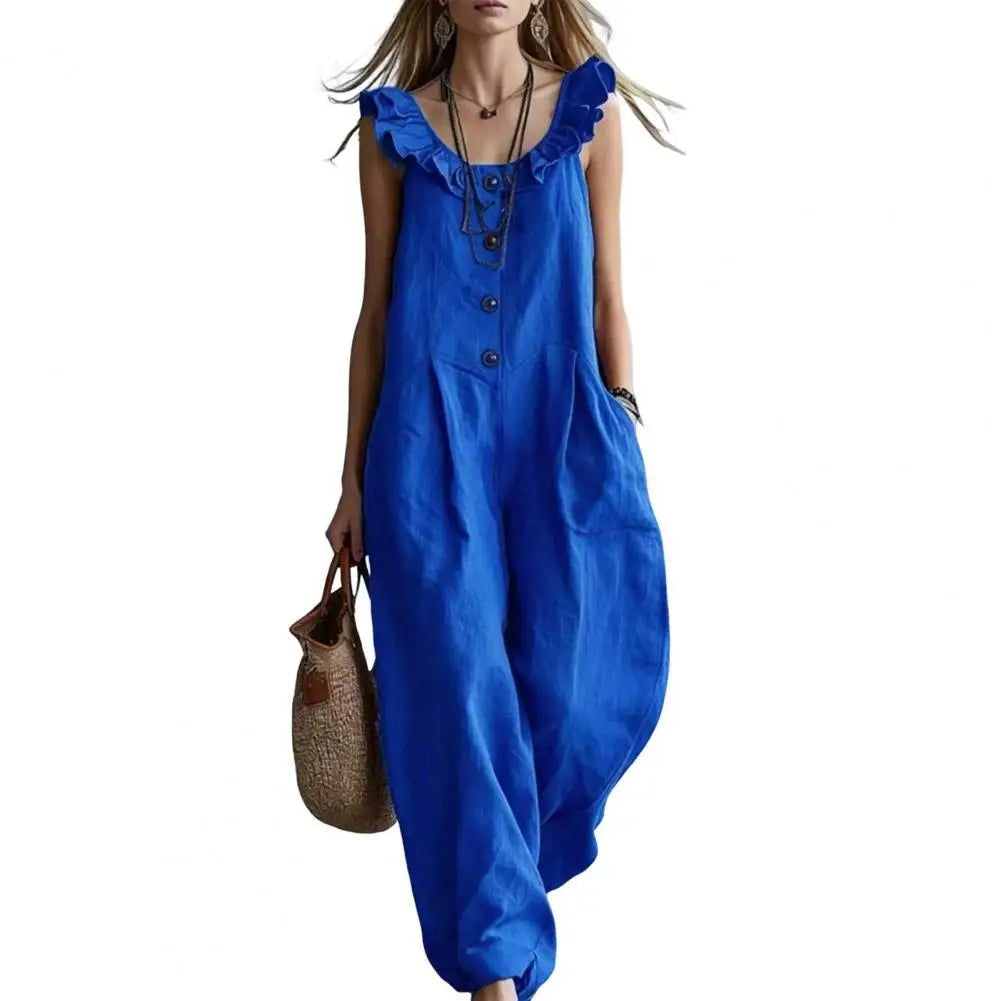 Loose Fit Jumpsuit Ruffle Strap Jumpsuit Women’s Ruffle Crew Neck Jumpsuit with Pockets Wide Leg Rompers Summer Travel