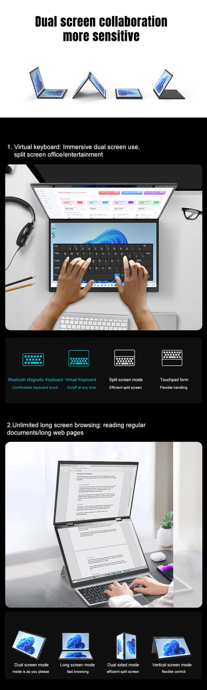 CRELANDER Mini Laptops 14 Inch 2240*1440 Double Touch Screen Intel Processor Foldable Tablet PC Windows11 Dual Screen Laptop