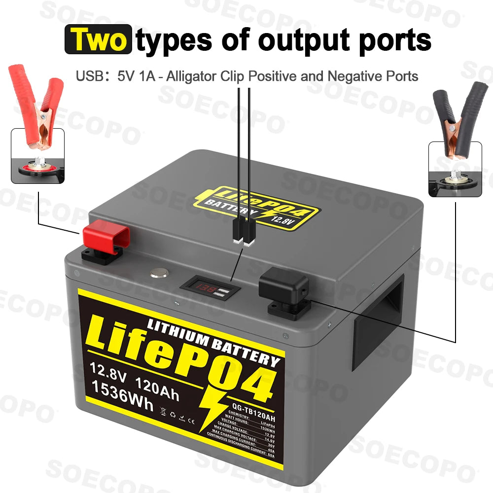 SOECOPO 12V 120Ah Portable LiFePO4 Battery 1536Wh LCD Screen USB Output for Home Camping Fishing Trolling Motor Power Bank