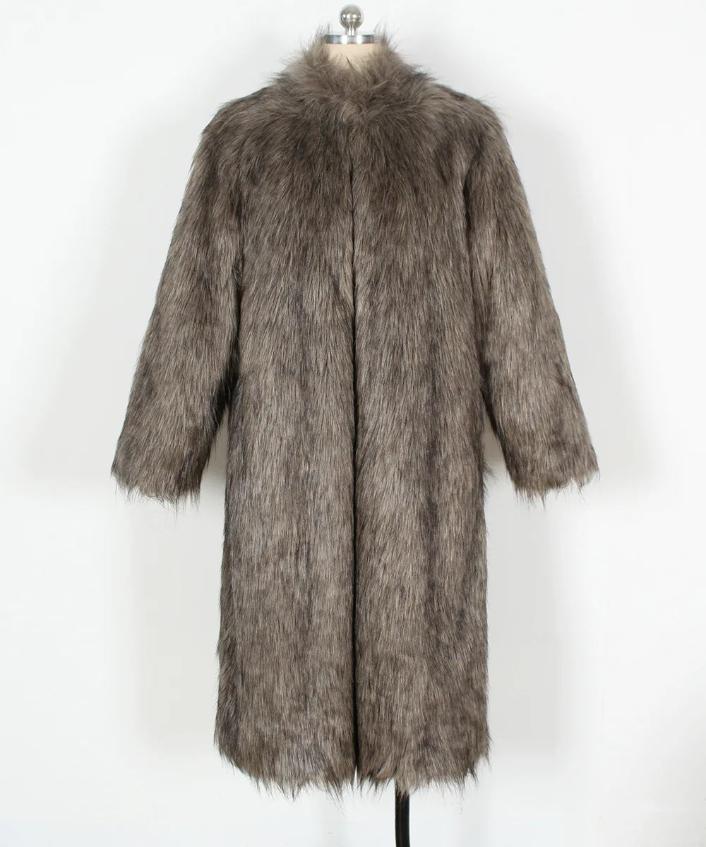 2026 Winter Stand Collar Faux Fur Long Coat Women Elegant Long Sleeve Fluffy Plush Jacket Lady Casual Thick Warm Furry Outwear