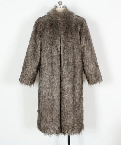 2026 Winter Stand Collar Faux Fur Long Coat Women Elegant Long Sleeve Fluffy Plush Jacket Lady Casual Thick Warm Furry Outwear