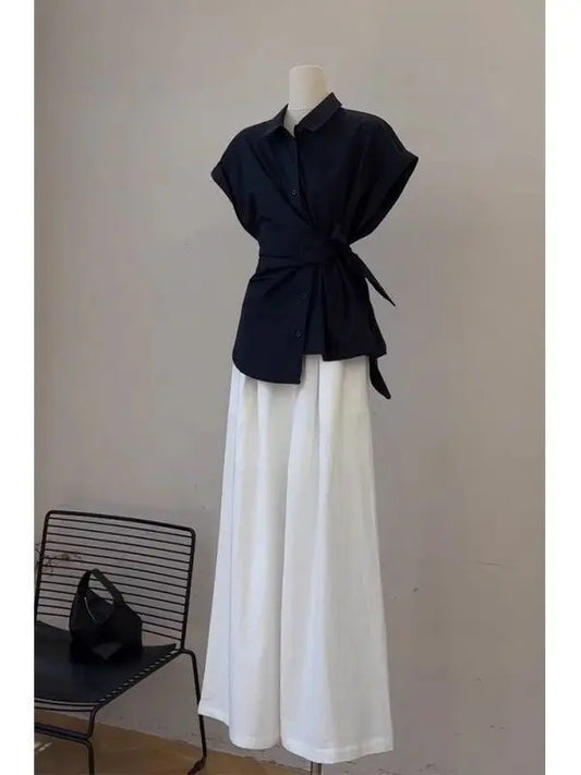 2026 New Women's Fashion Shirt And Pants Set Belted Loose Wide Leg Pants Thin Material Spring Autumn Wear High Waist Polyester