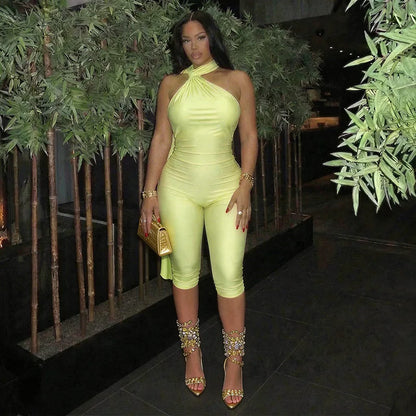 FAGADOER Sexy Halter Bandage Backless Jumpsuits Women Hip Ruched Skinny Rompers Overalls Party Slim Party Nightclub Playsuits