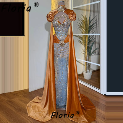 Luxury Dubai Woman Party Dress Orange Beadings Stones Mermaid Wedding Evening Dresses vestidos de fiesta elegantes Customzied