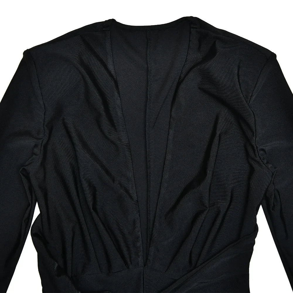 2025 Spring Deep V Neck Long Sleeve Skinny Jumpsuits Women Rompers Elegant Black High Waist Ruched Slim Sexy Jumpsuit Outfits