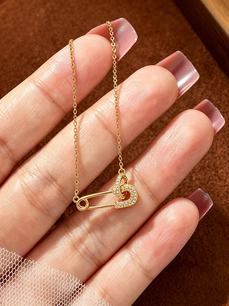 OXTAO Gold Color Paper Clip Pendant Necklace D VVS1 Moissanite Geometric Motif Necklace Chokers Women Jewelry 24K Yellow Plated