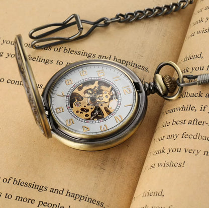 10pcs/lot Vintage Bronze Roman Number Case Flip Mechanical Pocket Watch Roman Dial  Hand Wind Skeleton Men Women Gift Watch