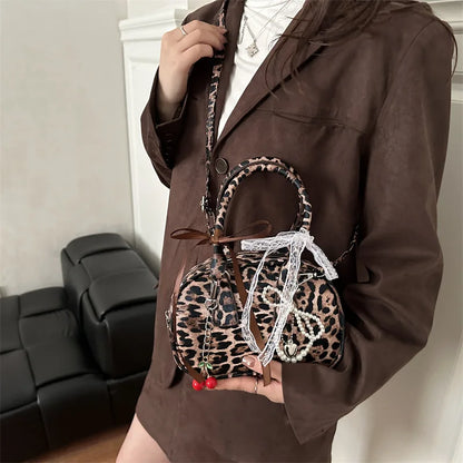 Vintage Leopard Pu Shoulder Bags for Women Portable Trendy Ladies Crossbody Bag Lace Pearl Pendant Female Bowling Handbags