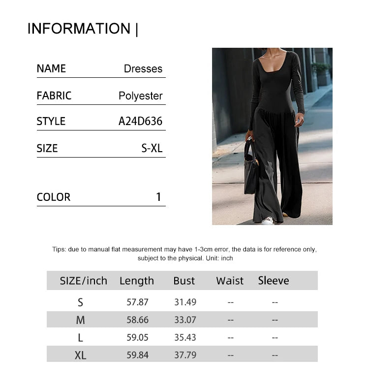 Autumn New Arrivals: Women's Black Long-Sleeved Square Neck Jumpsuit   Casual Long-Sleeved Relaxed Wide-Leg Jumpsuit