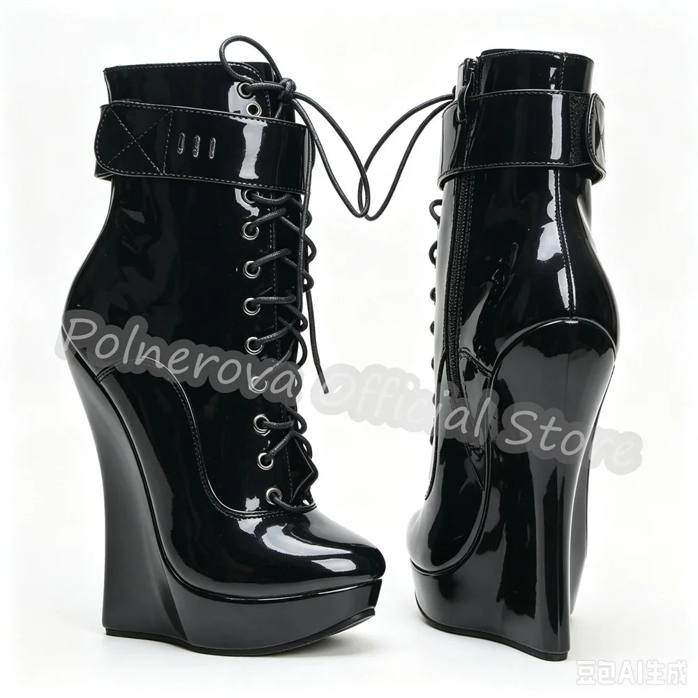 Gothic Punk Wedges Lace-Up Women Platform Boots Hoof Design Super High Heel Side Zipper Boots Unisex Pole Dance Party Shoes