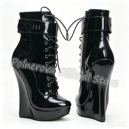 Gothic Punk Wedges Lace-Up Women Platform Boots Hoof Design Super High Heel Side Zipper Boots Unisex Pole Dance Party Shoes