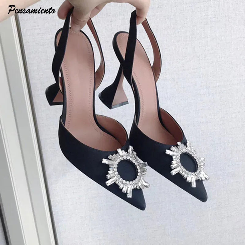 2025 Brand women Pumps luxury Crystal Slingback High heels Summer bride Shoes Comfortable triangle Heeled Party Wedding Shoes