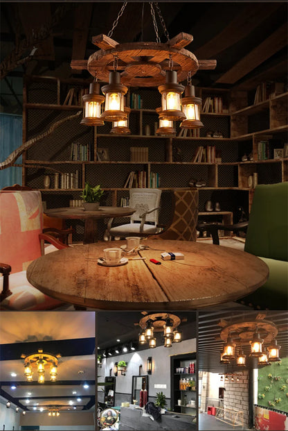Retro Wood E27 LED Ceiling Lamp Antique Industrial Chandelier Lighting LOFT Bar luminaire Vintage Pendant Lights lustre