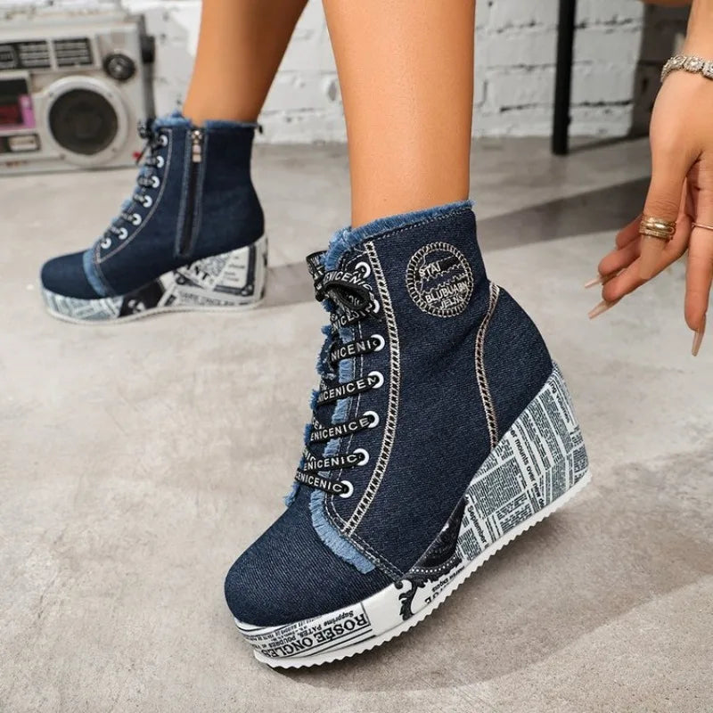 Women's Wedge Sneakers High Top Round Toe Denim-Look Lace-Up Side Zipper Letter Print Detail Casual Platform Ankle Boots 2026